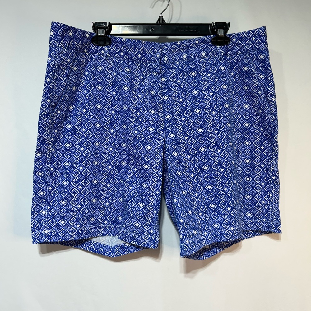 Blue Flat Front Geometric Pattern Shorts